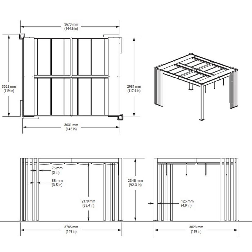 Pergola 'Lito 1012' schwarz/Holzoptik 378 x 302 x 234, mit Sonnensegel