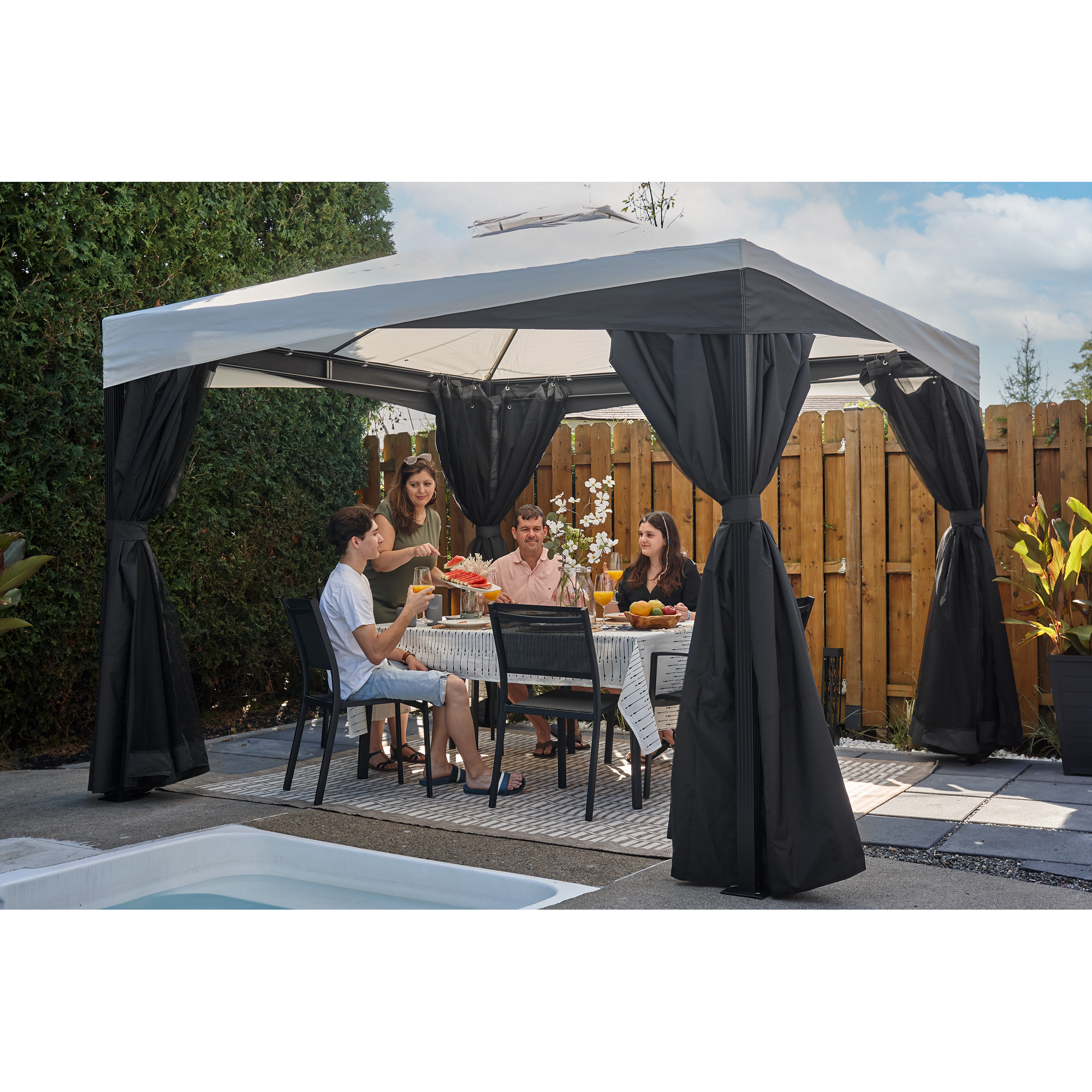 Pavillon 'Malta 1010' schwarz/grau 300 x 300 x 271 cm, mit Moskitonetzen und Vorhangset