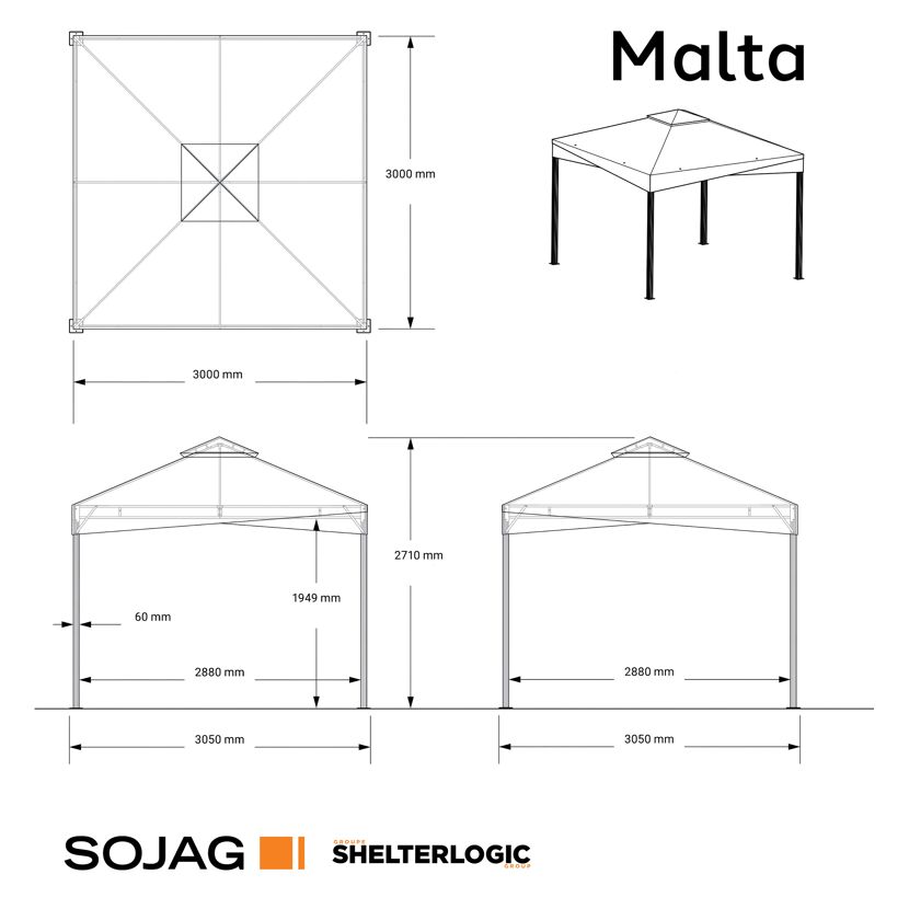 Pavillon 'Malta 1010' schwarz/grau 300 x 300 x 271 cm, mit Moskitonetzen und Vorhangset