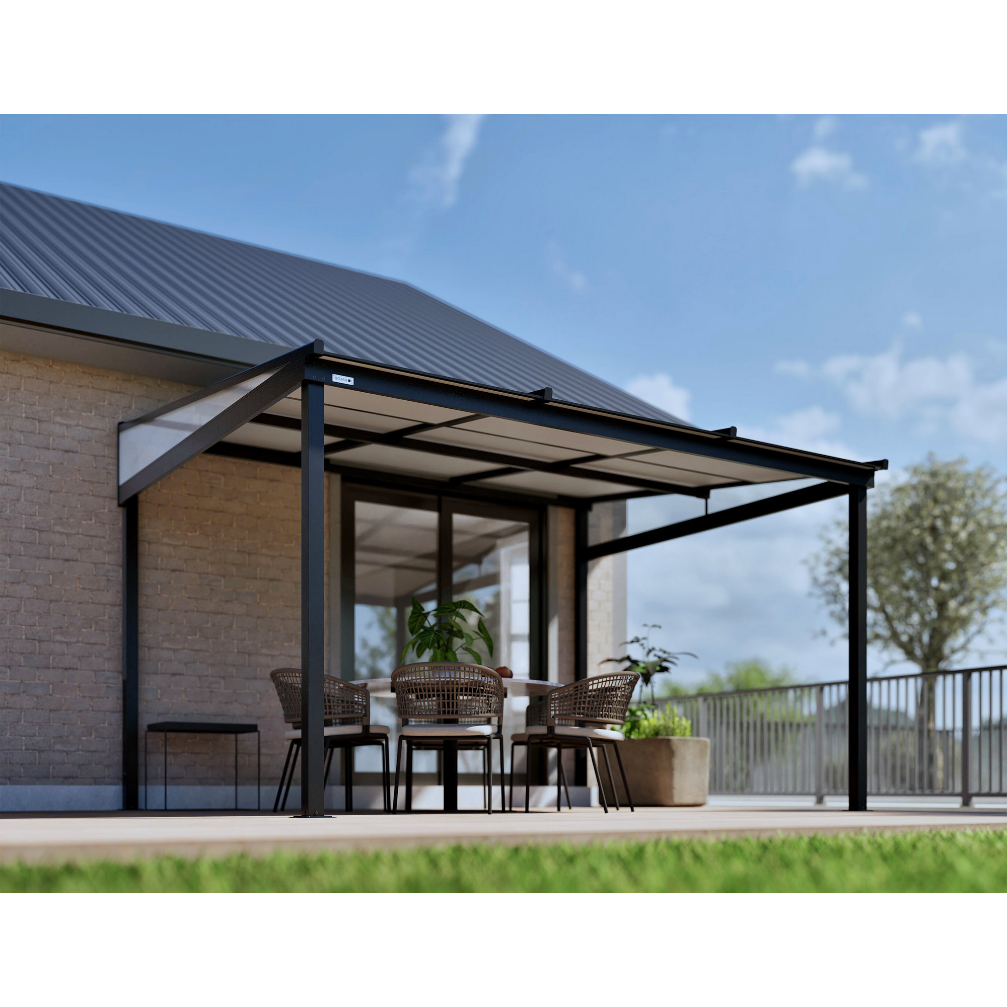 Terrassenüberdachung 'Budavar 1012' schwarz mit Moskitonetzen und Vorhängen 366 x 299 x 243 cm