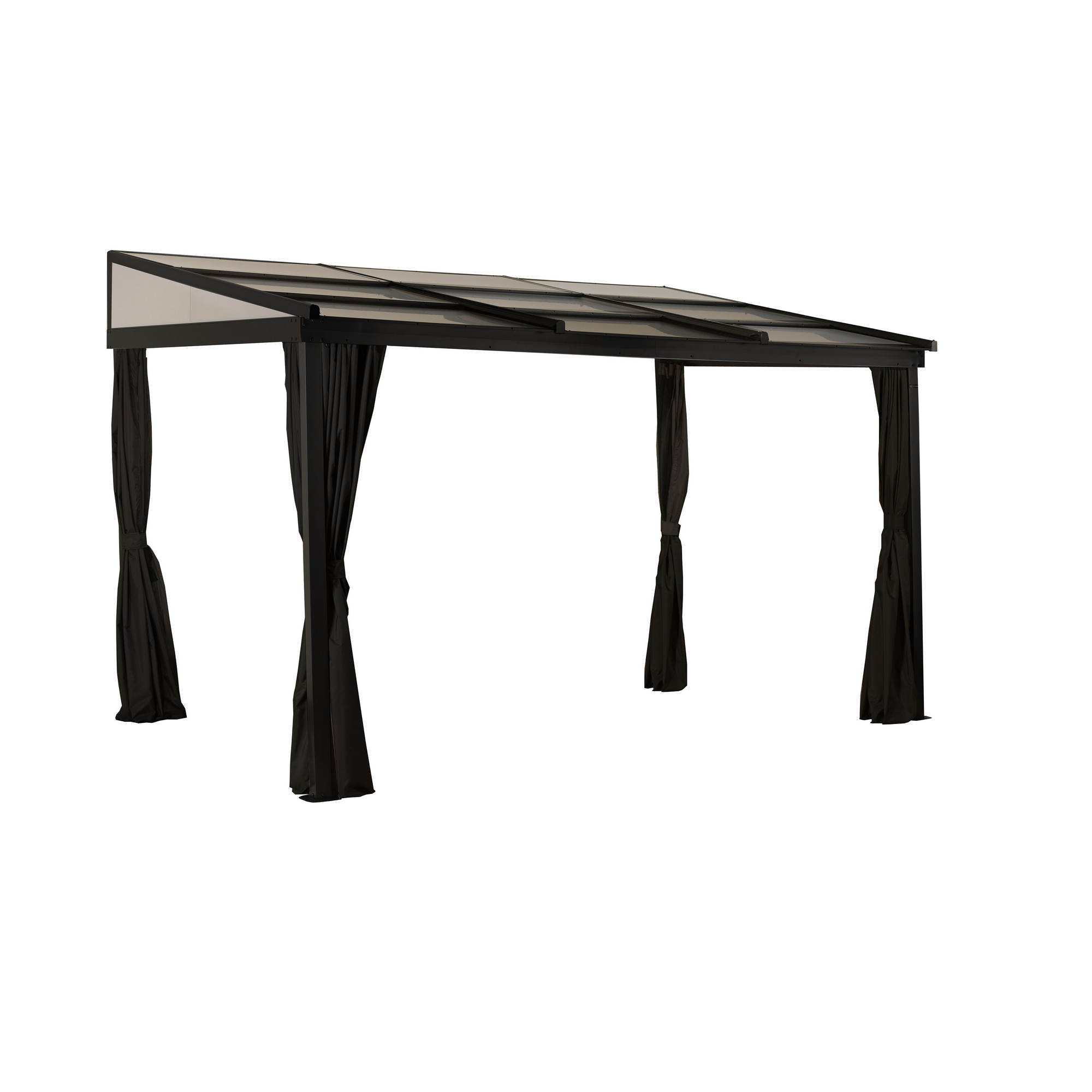 Terrassenüberdachung 'Budavar 1012' schwarz mit Moskitonetzen und Vorhängen 366 x 299 x 243 cm