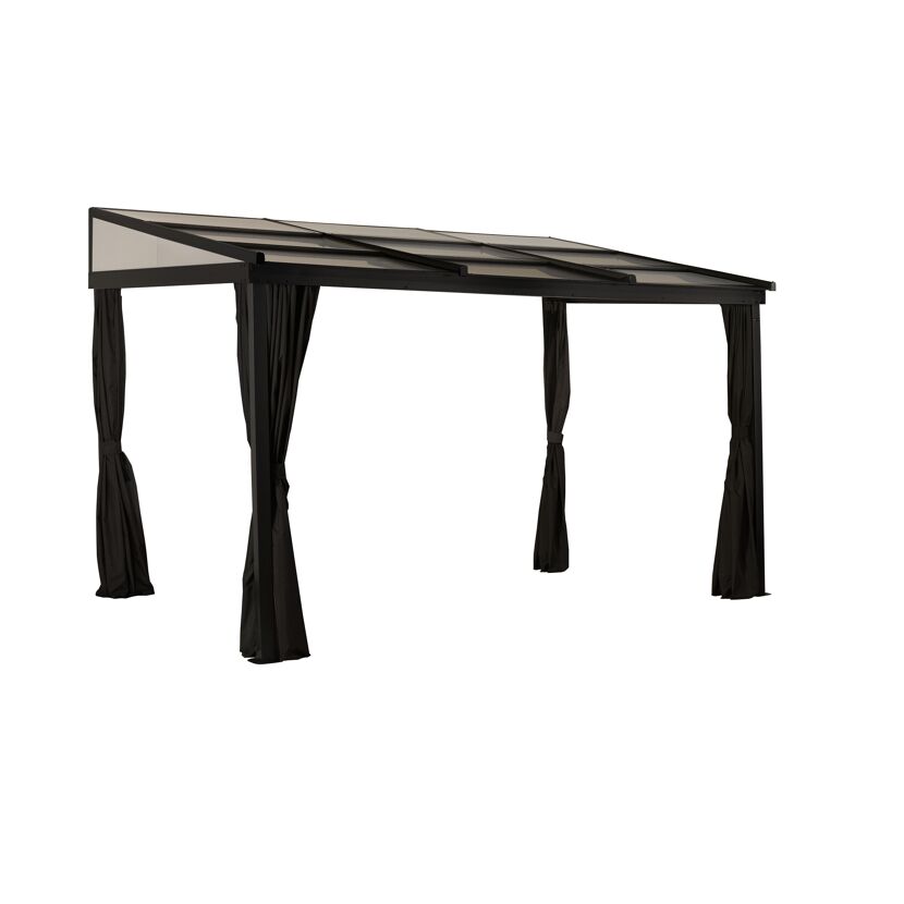 Terrassenüberdachung 'Budavar 1012' schwarz mit Moskitonetzen und Vorhängen 366 x 299 x 243 cm