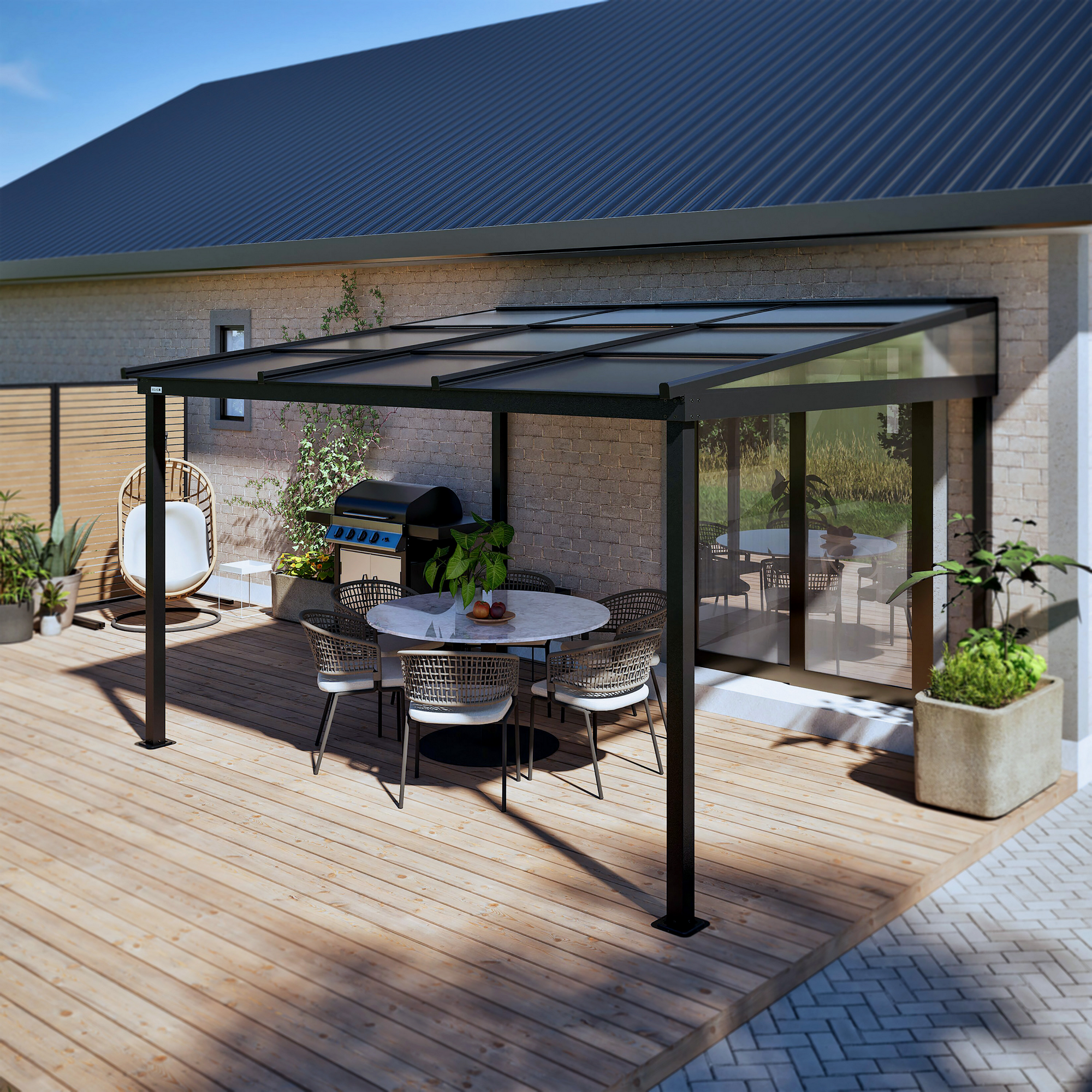 Terrassenüberdachung 'Budavar 1012' schwarz mit Moskitonetzen und Vorhängen 366 x 299 x 243 cm