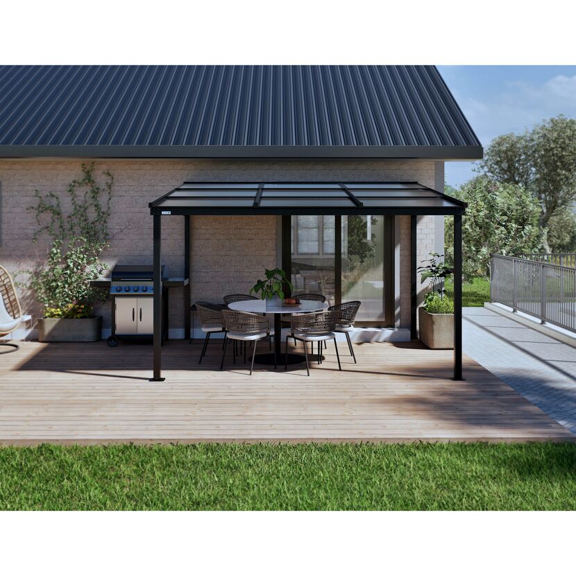 Terrassenüberdachung 'Budavar 1012' schwarz mit Moskitonetzen und Vorhängen 366 x 299 x 243 cm