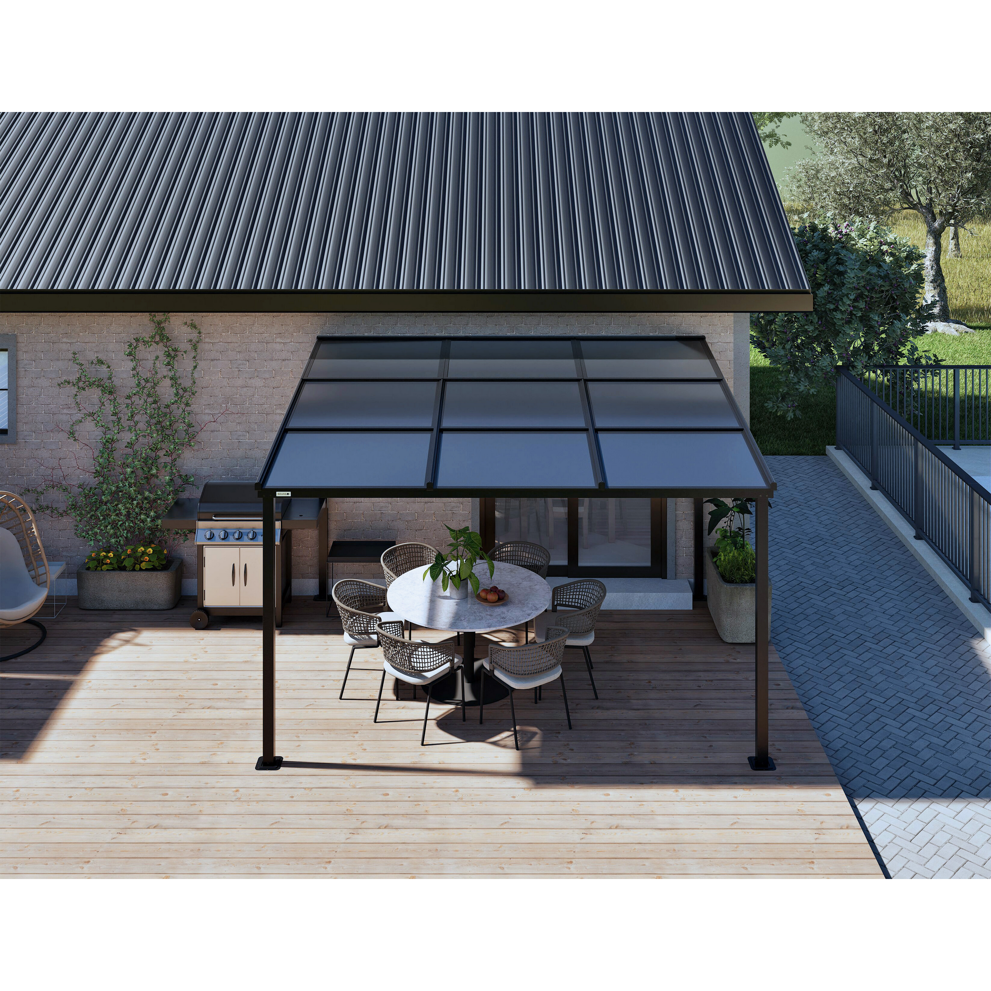 Terrassenüberdachung 'Budavar 1012' schwarz mit Moskitonetzen und Vorhängen 366 x 299 x 243 cm