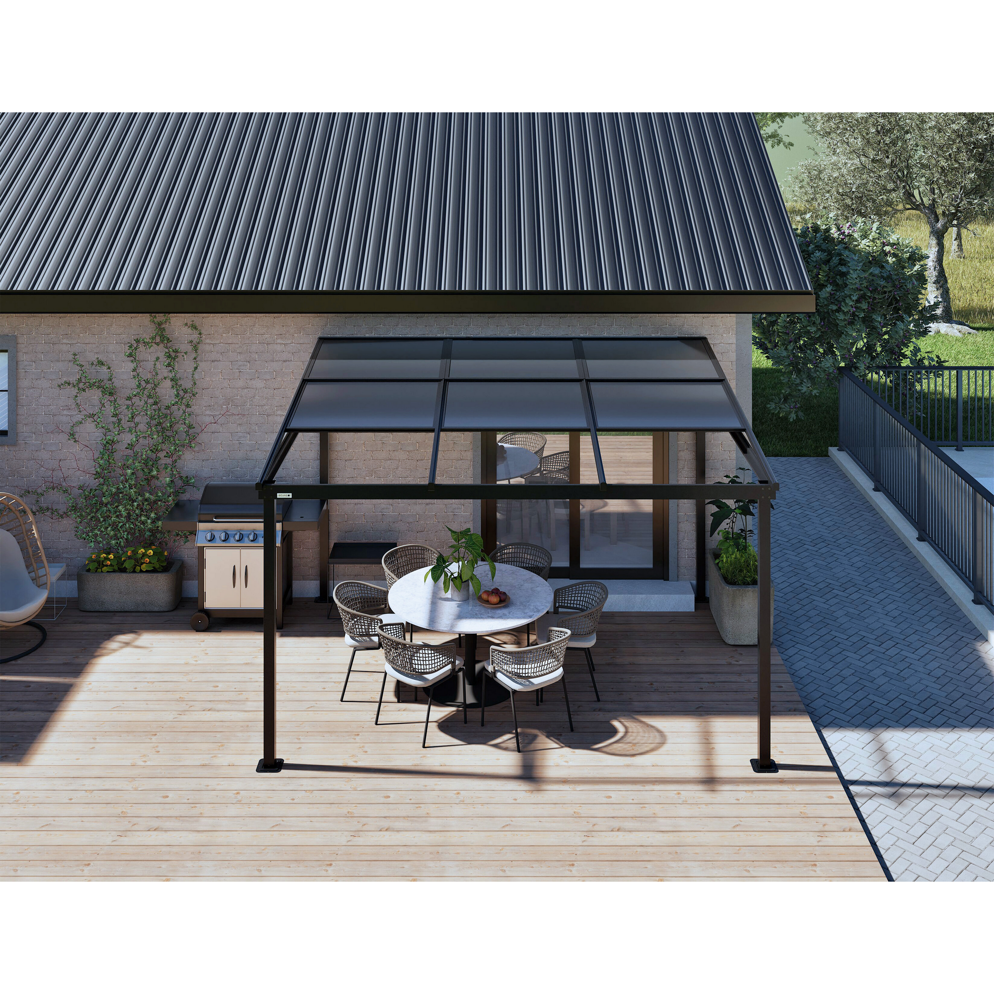 Terrassenüberdachung 'Budavar 1012' schwarz mit Moskitonetzen und Vorhängen 366 x 299 x 243 cm