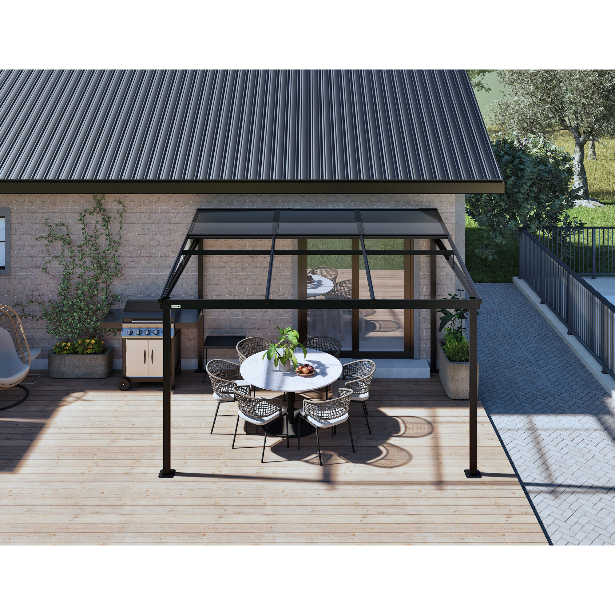 Terrassenüberdachung 'Budavar 1012' schwarz mit Moskitonetzen und Vorhängen 366 x 299 x 243 cm