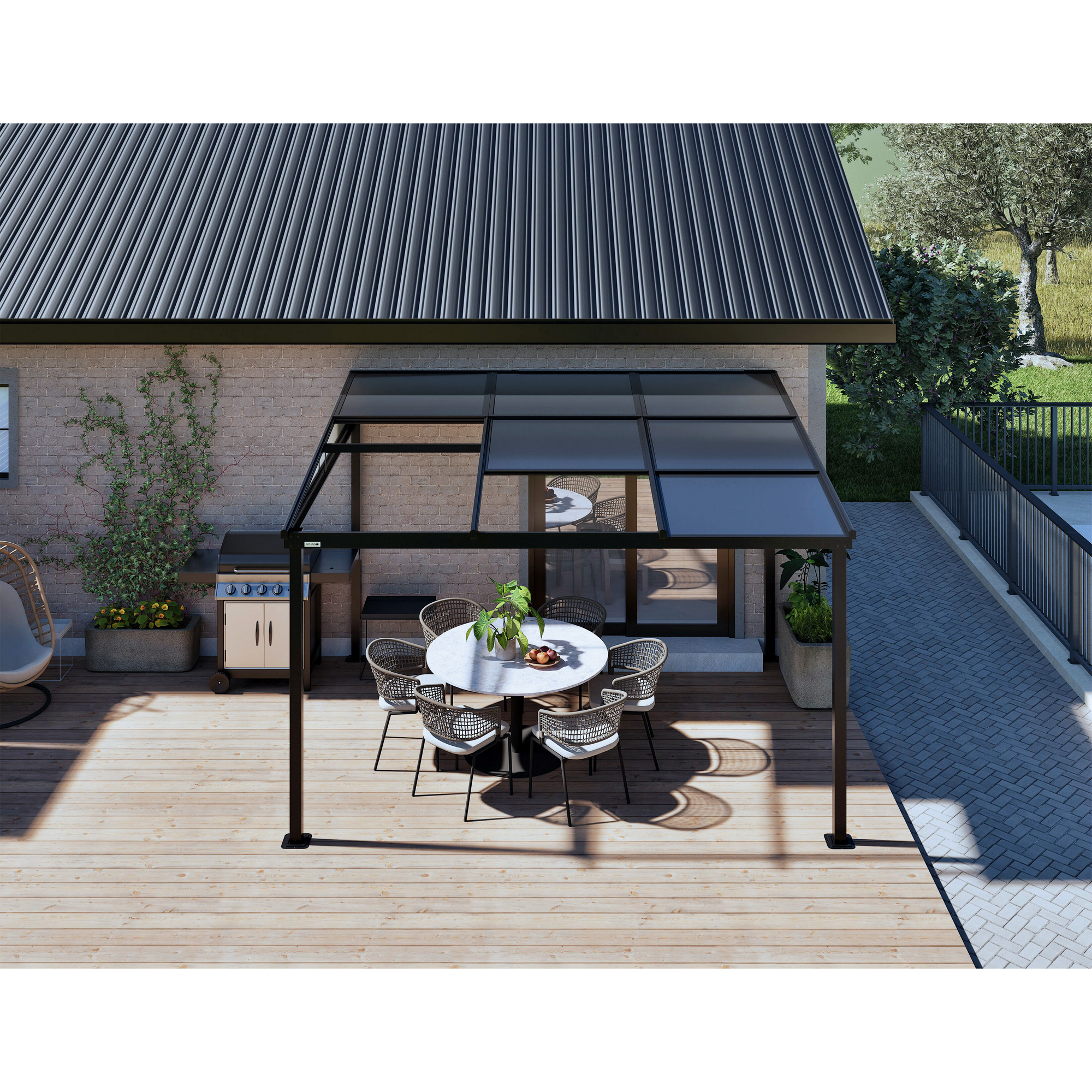 Terrassenüberdachung 'Budavar 1012' schwarz mit Moskitonetzen und Vorhängen 366 x 299 x 243 cm