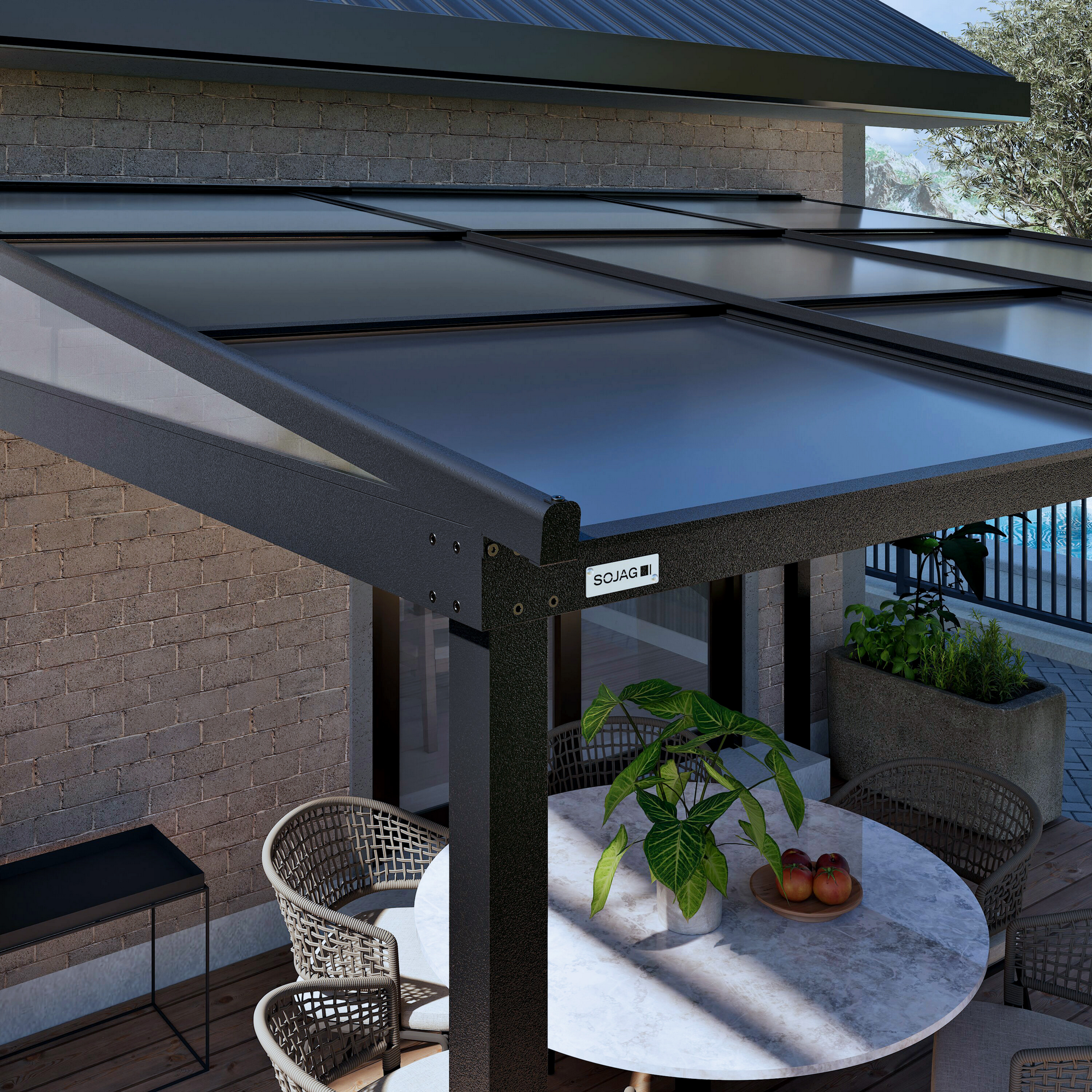 Terrassenüberdachung 'Budavar 1012' schwarz mit Moskitonetzen und Vorhängen 366 x 299 x 243 cm