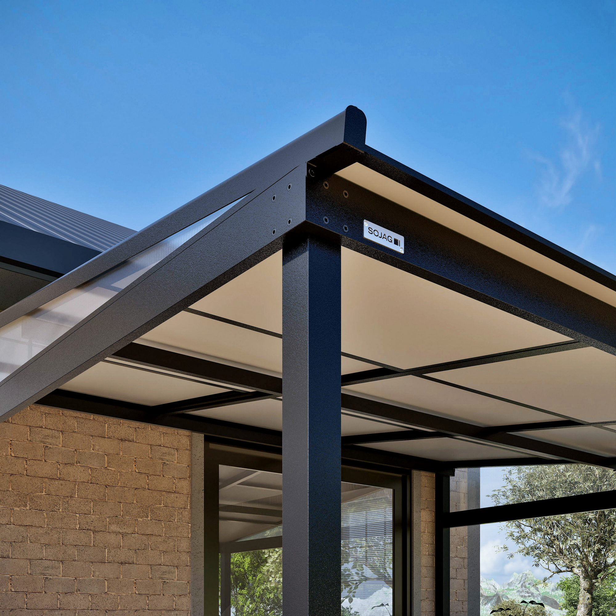 Terrassenüberdachung 'Budavar 1012' schwarz mit Moskitonetzen und Vorhängen 366 x 299 x 243 cm