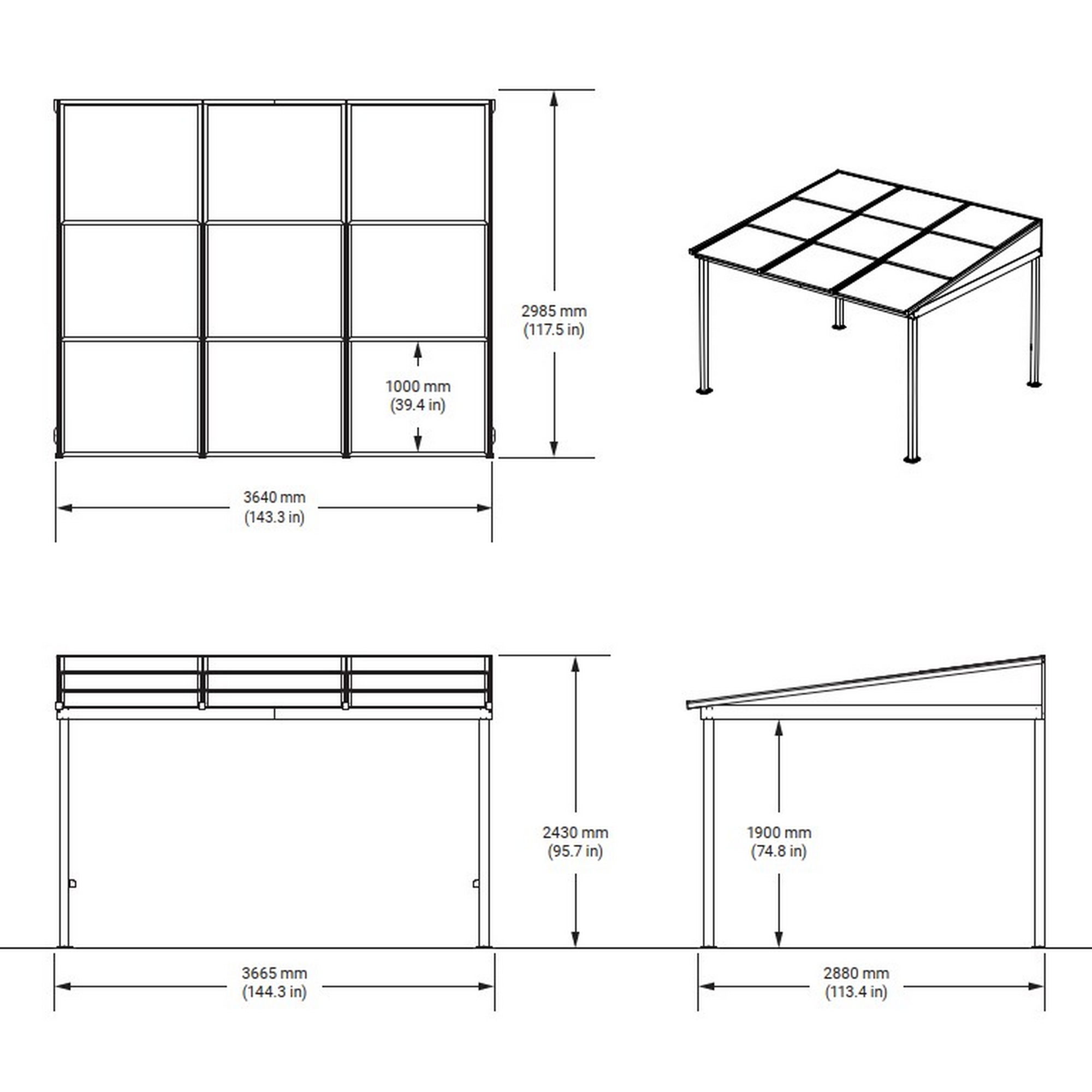 Terrassenüberdachung 'Budavar 1012' schwarz mit Moskitonetzen und Vorhängen 366 x 299 x 243 cm