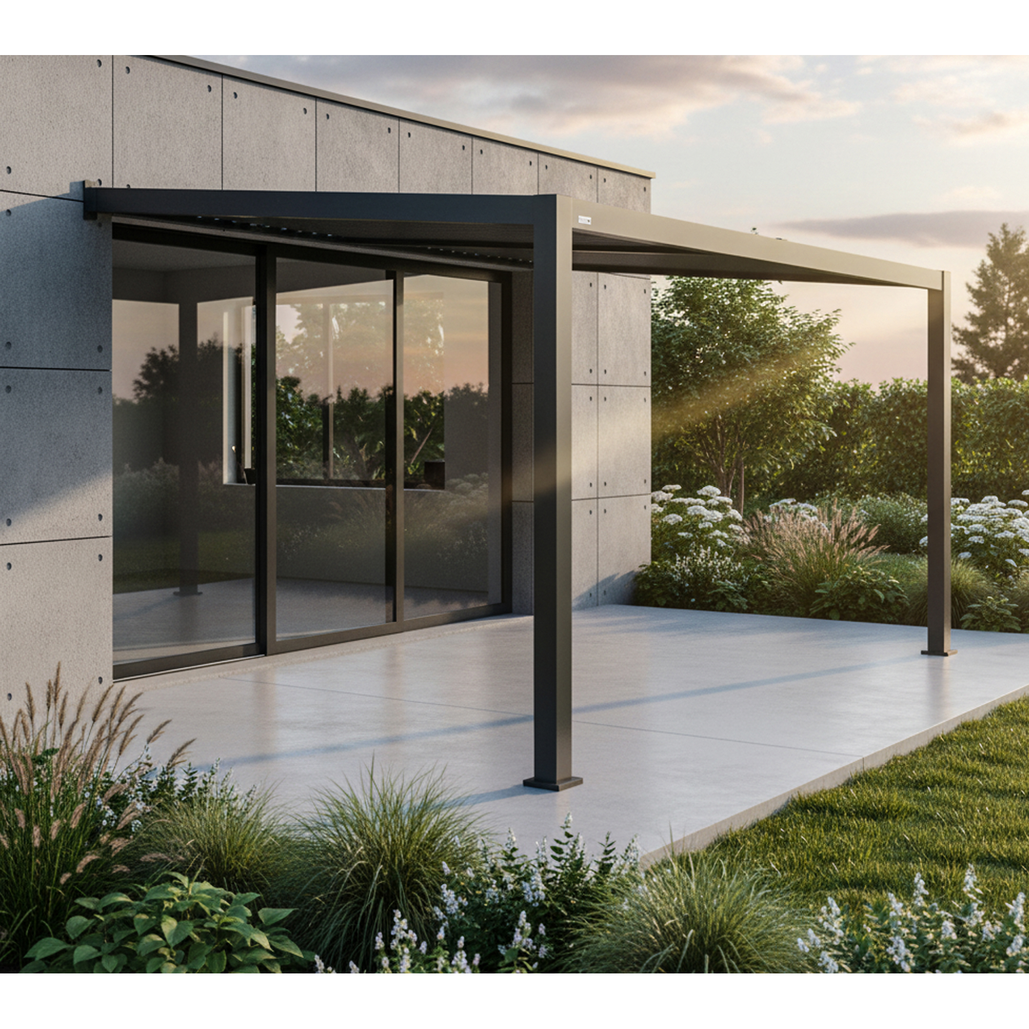 Terrassenüberdachung 'Hana 1013' schwarz mit verstellbaren Lamellen 399 x 305 x 270 cm