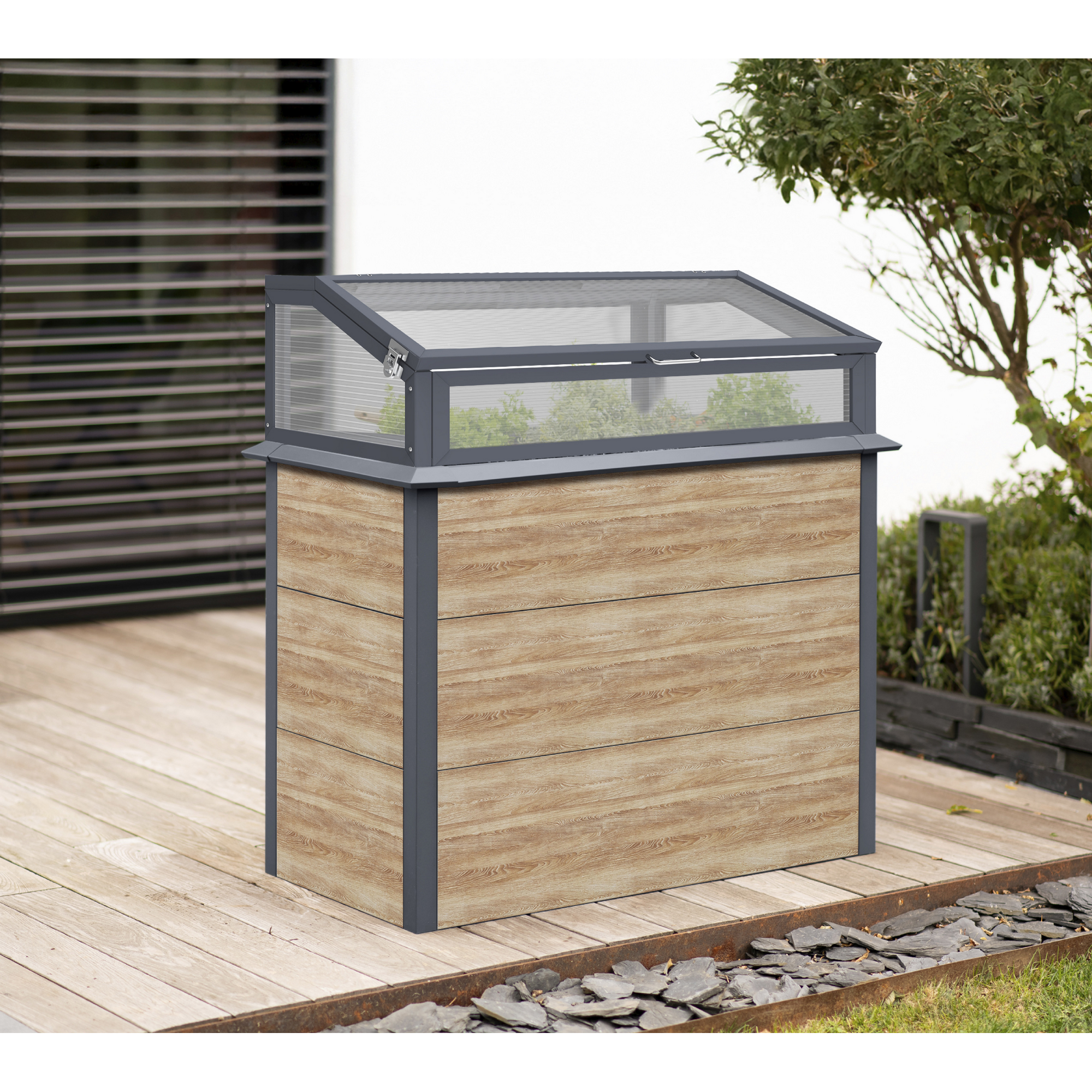 Hochbeet 'Primus-Multi Plus M' Stahl anthrazit/Holzoptik mit Frühbeetaufsatz 100 x 50 x 113 cm
