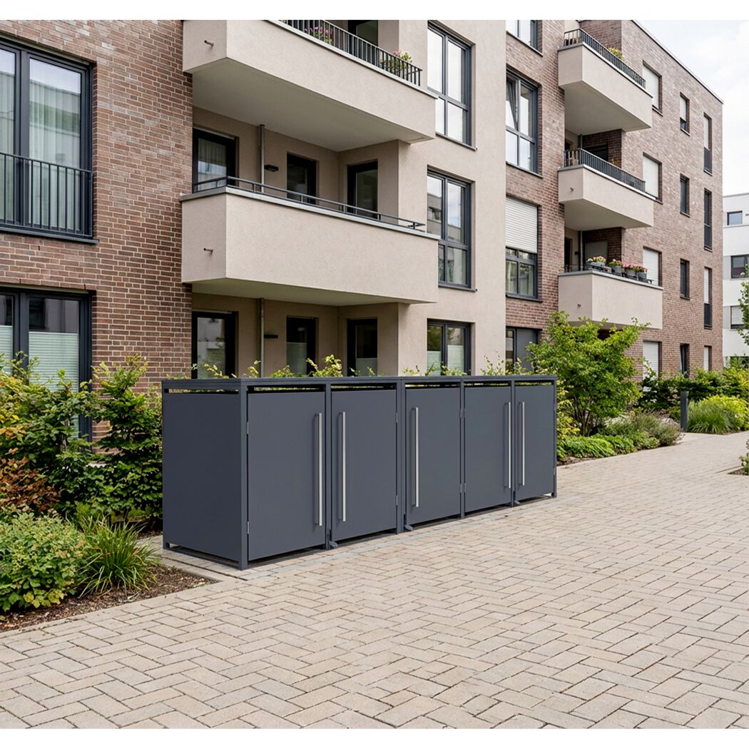 Mülltonnenbox 'Pedura' Stahl 5 x 240 l anthrazit 331 x 80 x 116 cm, mit Fußpedal