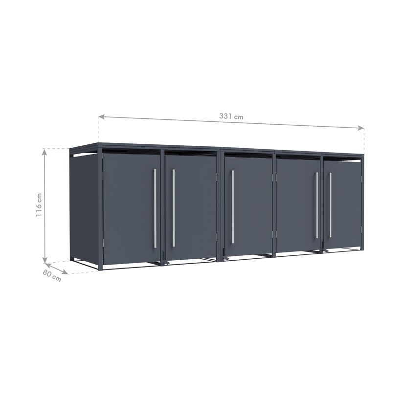 Mülltonnenbox 'Pedura' Stahl 5 x 240 l anthrazit 331 x 80 x 116 cm, mit Fußpedal