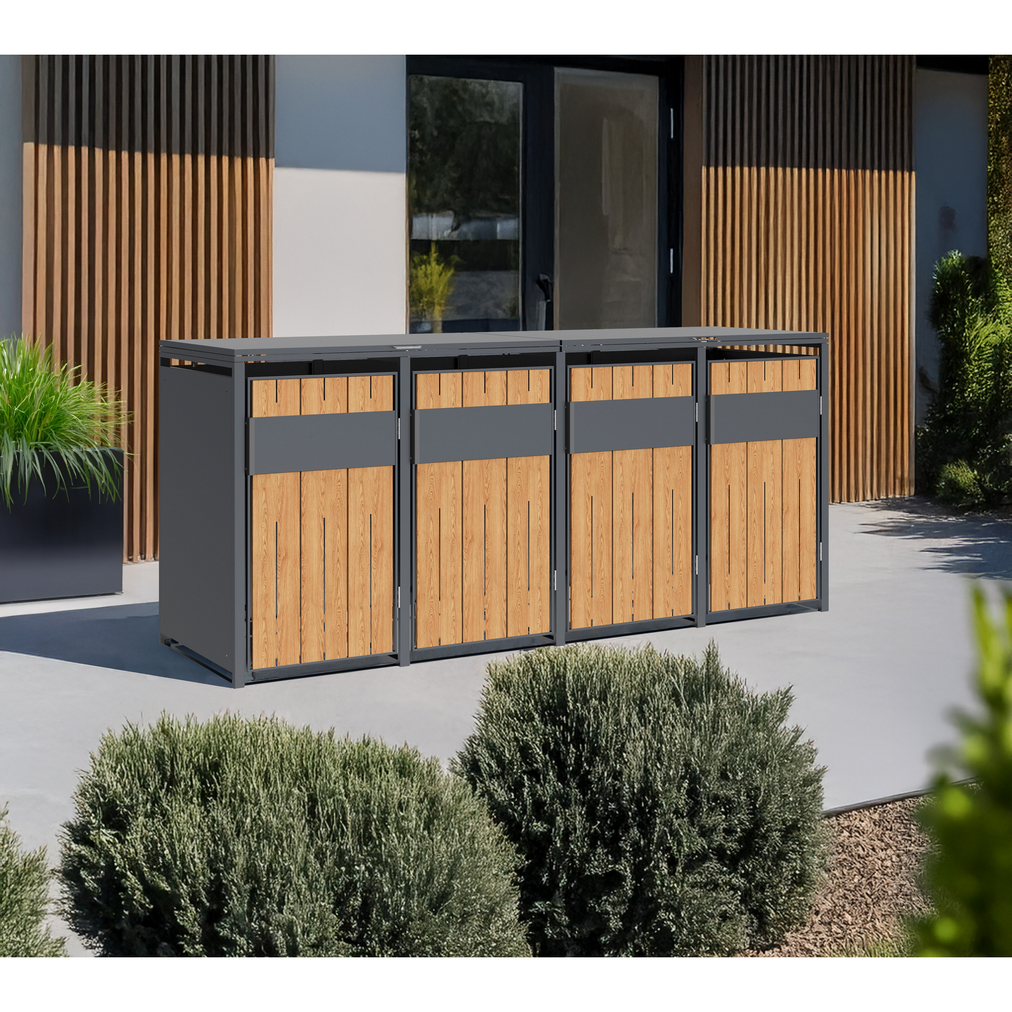 Mülltonnenbox 'Varius' Stahl 4 x 240 l anthrazit/Holzoptik 265 x 80 x 116 cm