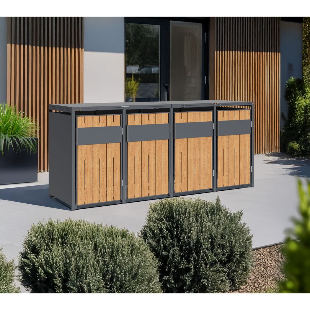 Mülltonnenbox 'Varius' Stahl 4 x 240 l anthrazit/Holzoptik 265 x 80 x 116 cm