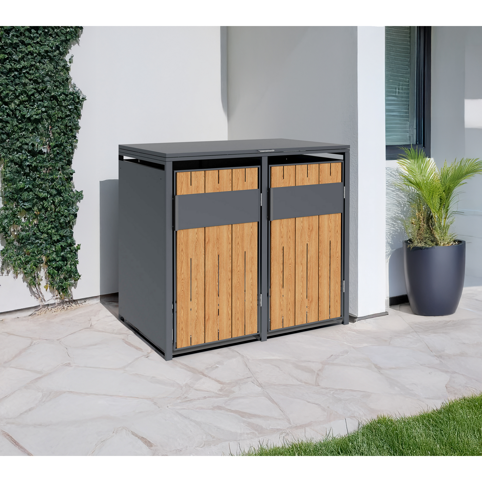 Mülltonnenbox 'Varius' Stahl 2 x 240 l anthrazit/Holzoptik 132 x 80 x 116 cm
