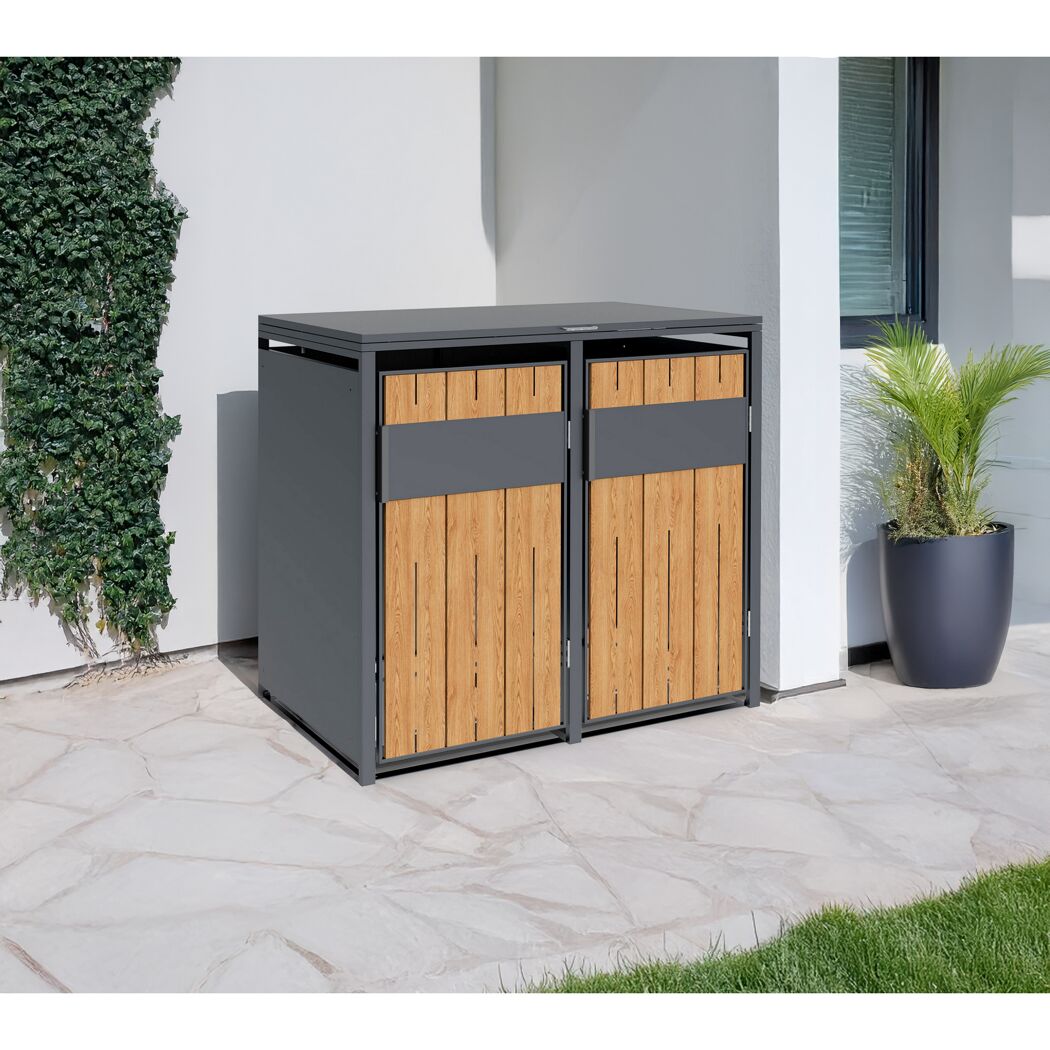 Mülltonnenbox 'Varius' Stahl 2 x 240 l anthrazit/Holzoptik 132 x 80 x 116 cm