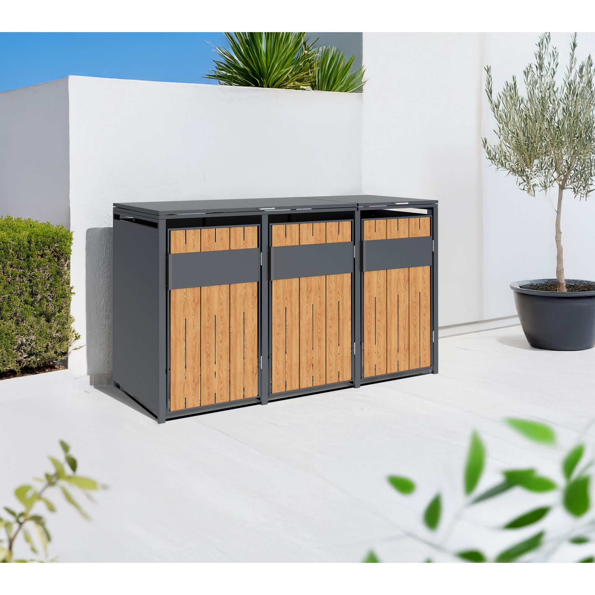 Mülltonnenbox 'Varius' Stahl 3 x 240 l anthrazit/Holzoptik 198 x 80 x 116 cm