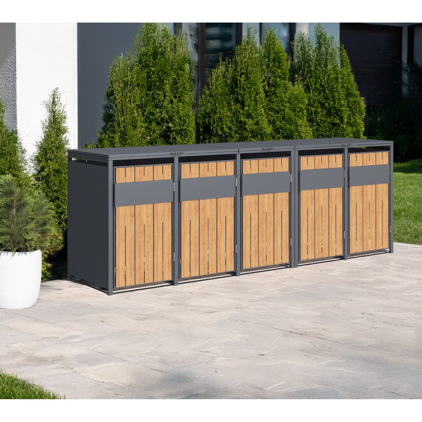 Mülltonnenbox 'Varius' Stahl 5 x 240 l anthrazit/Holzoptik 330 x 80 x 116 cm
