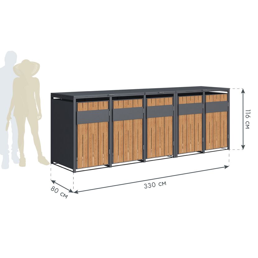Mülltonnenbox 'Varius' Stahl 5 x 240 l anthrazit/Holzoptik 330 x 80 x 116 cm
