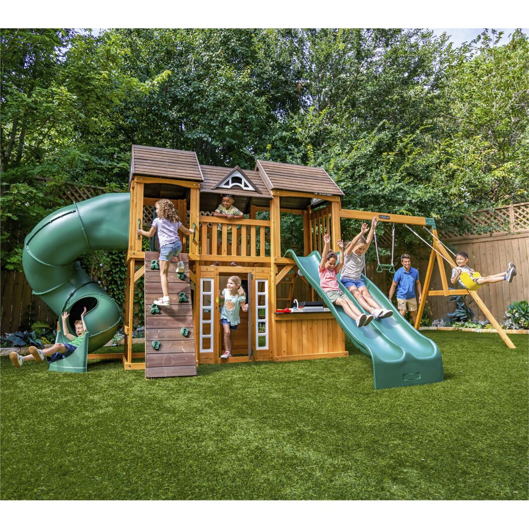 Spielturm 'Bolzo' FSC®‑zertifiziertes Spießtannenholz natur 692 x 285 x 347 cm mit Rutschen und Schaukel
