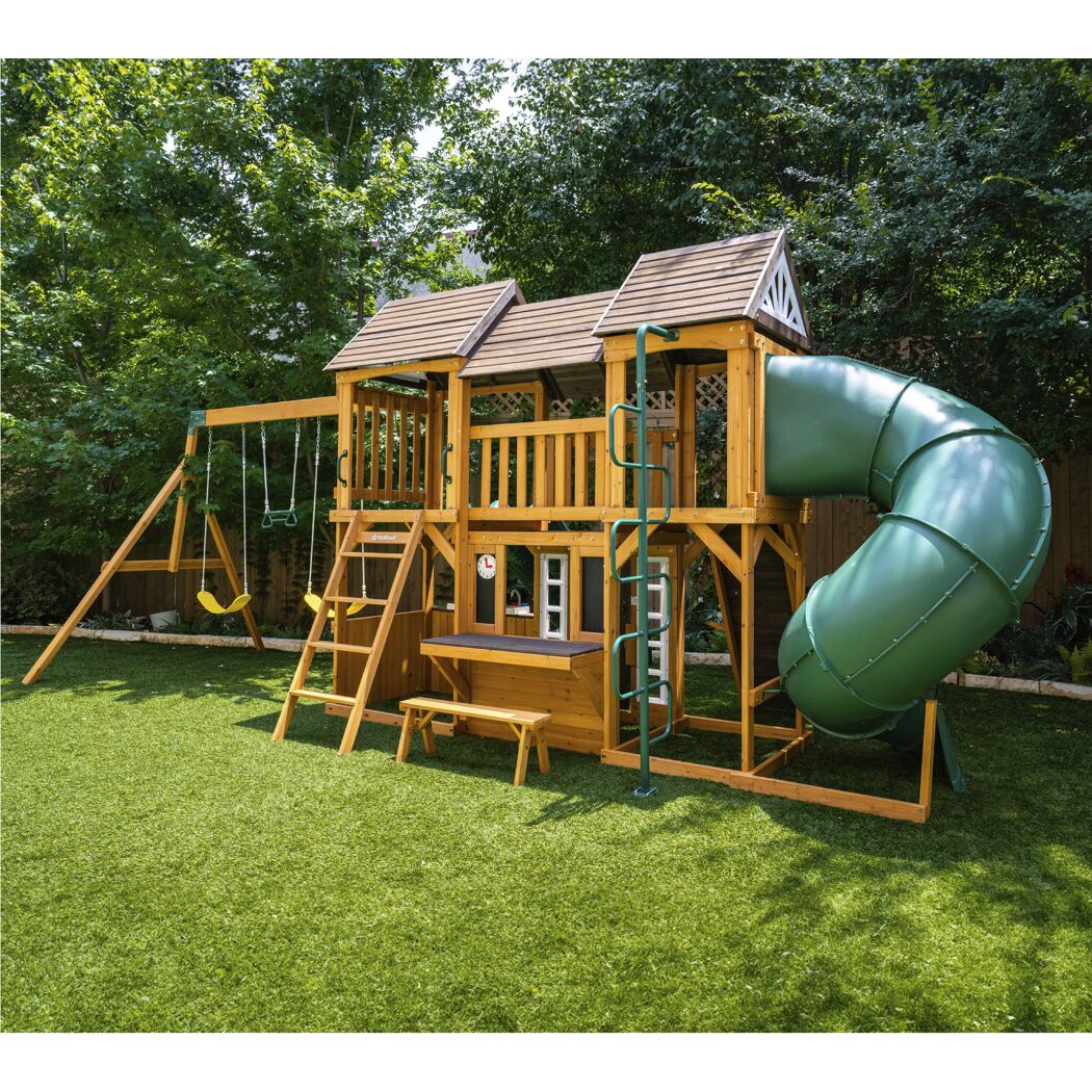 Spielturm 'Bolzo' FSC®‑zertifiziertes Spießtannenholz natur 692 x 285 x 347 cm mit Rutschen und Schaukel