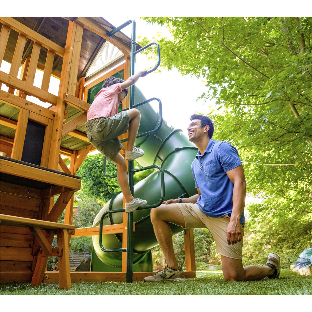 Spielturm 'Bolzo' FSC®‑zertifiziertes Spießtannenholz natur 692 x 285 x 347 cm mit Rutschen und Schaukel