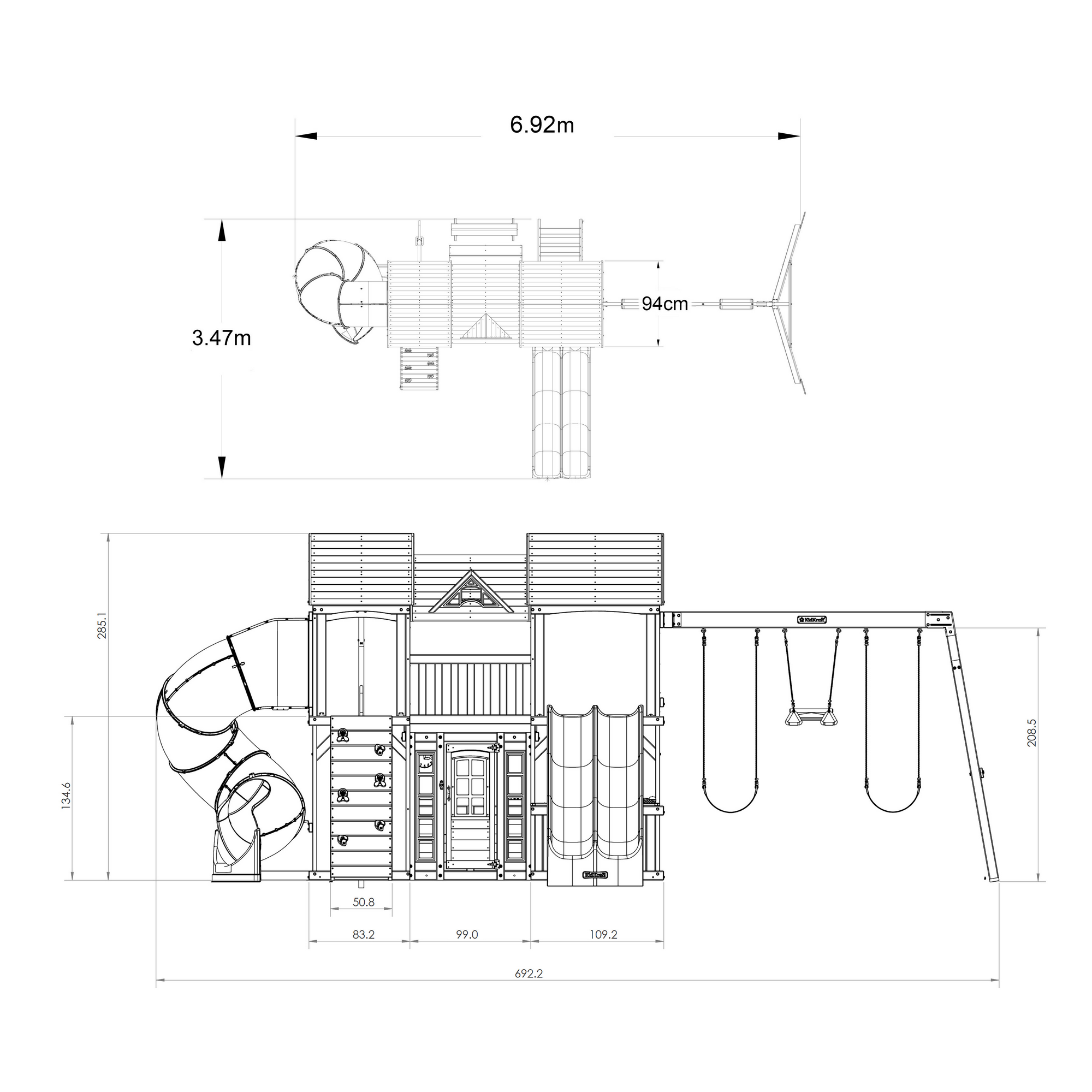 Spielturm 'Bolzo' FSC®‑zertifiziertes Spießtannenholz natur 692 x 285 x 347 cm mit Rutschen und Schaukel