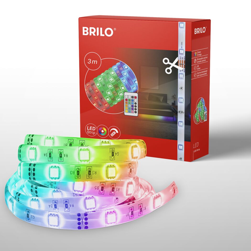 BRILO RGB-LED-Band 3m in verschiedenen Farben, aufgerollt.