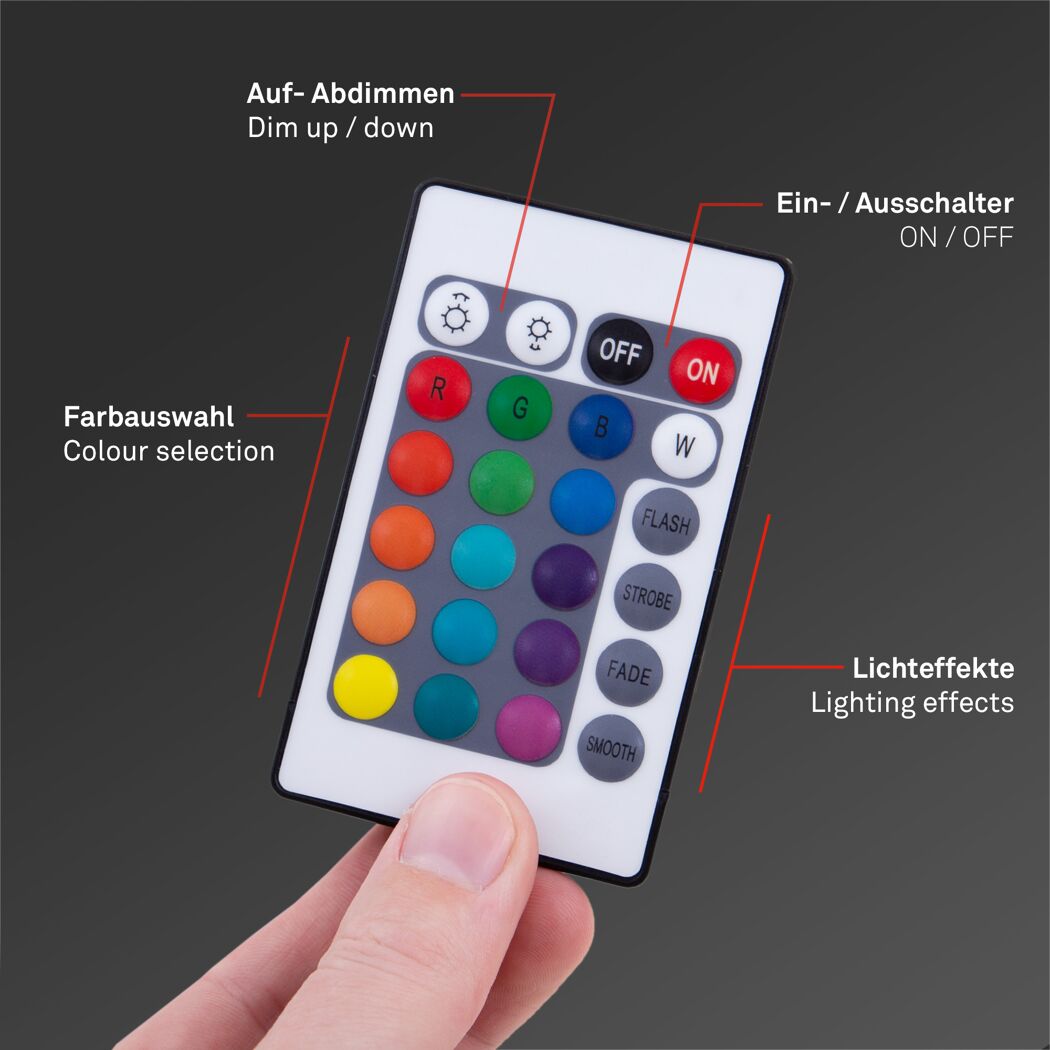 Hand hält Fernbedienung für RGB-LED-Band