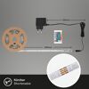 RGB-LED-Band auf Rolle mit Netzteil, Fernbedienung und Details zur Kürzbarkeit.
