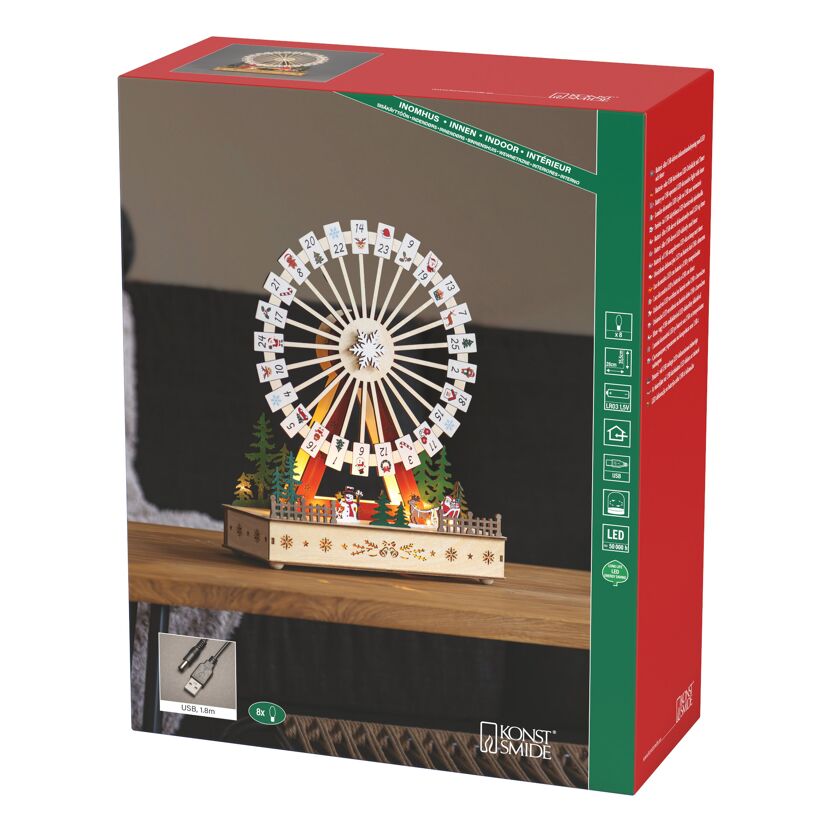 LED-Holzsilhouette 'Riesenrad-Adventskalender' 8 warmweiße LED