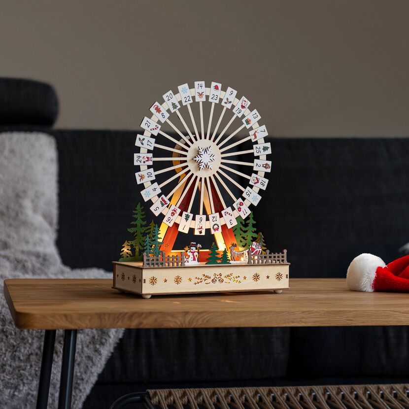 LED-Holzsilhouette 'Riesenrad-Adventskalender' 8 warmweiße LED