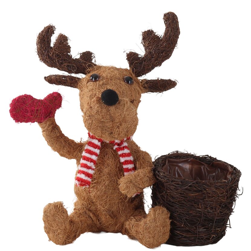 Deko-Pflanzgefäß 'Rentier' Kokosnussfaser und Rattan Korb natur sitzend 39 x 35 x 25 cm