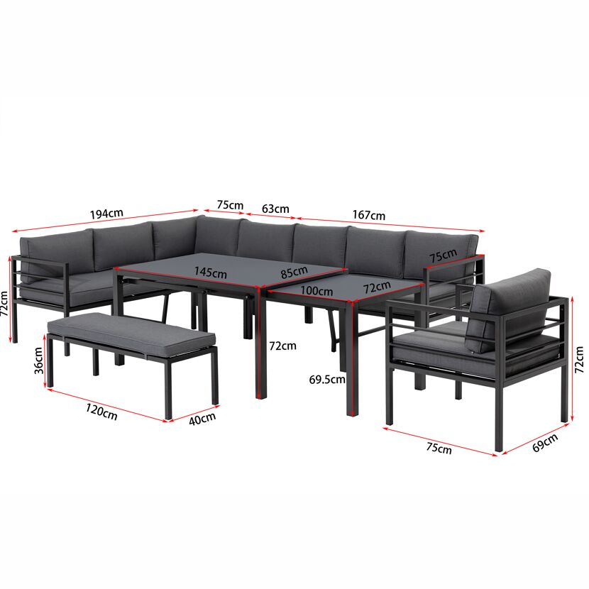 Loungemöbelset 'Portland' Aluminium grau 6-teilig