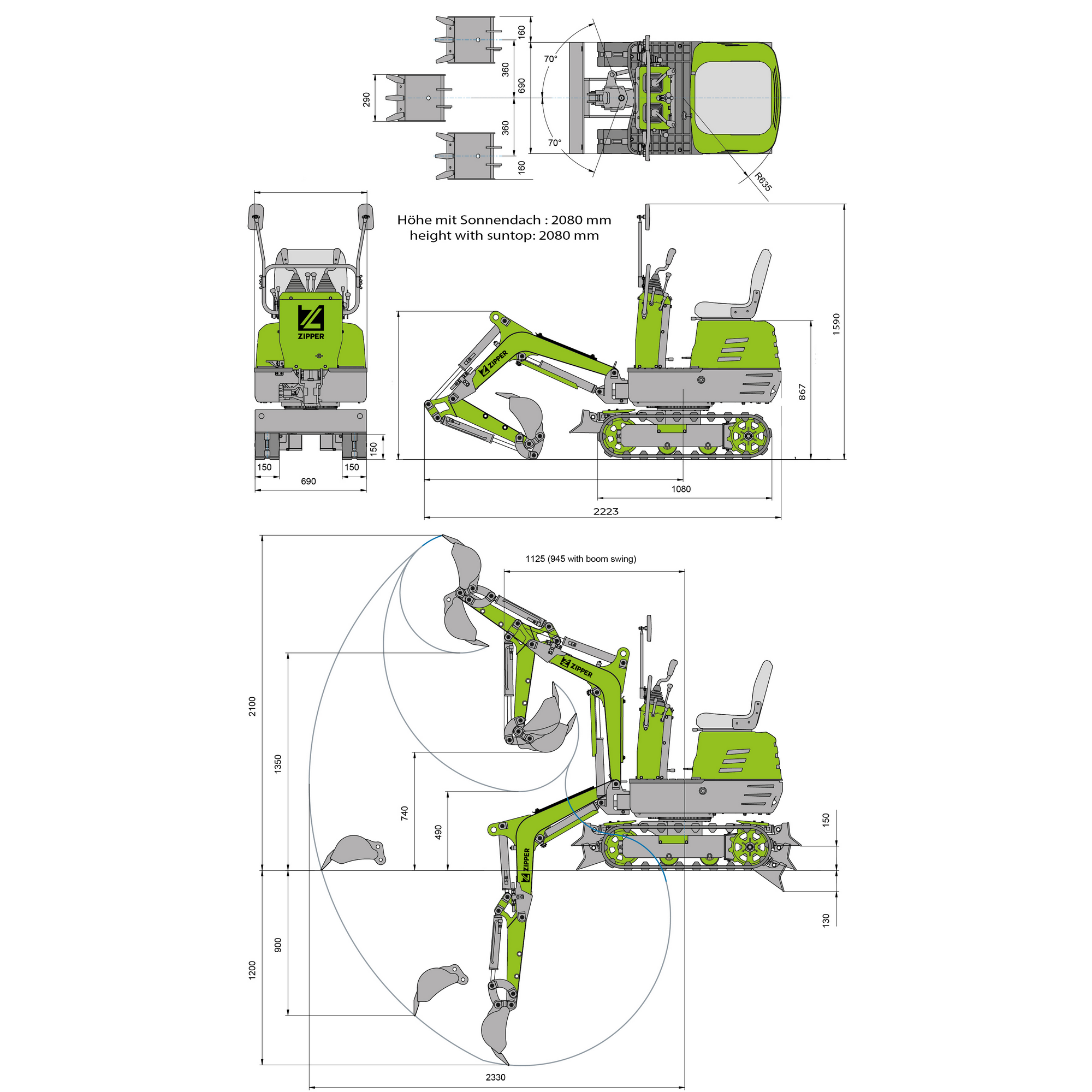 Mini-Bagger 'ZI-MBG600S7' inklusive 7-teiliges Zubehörset