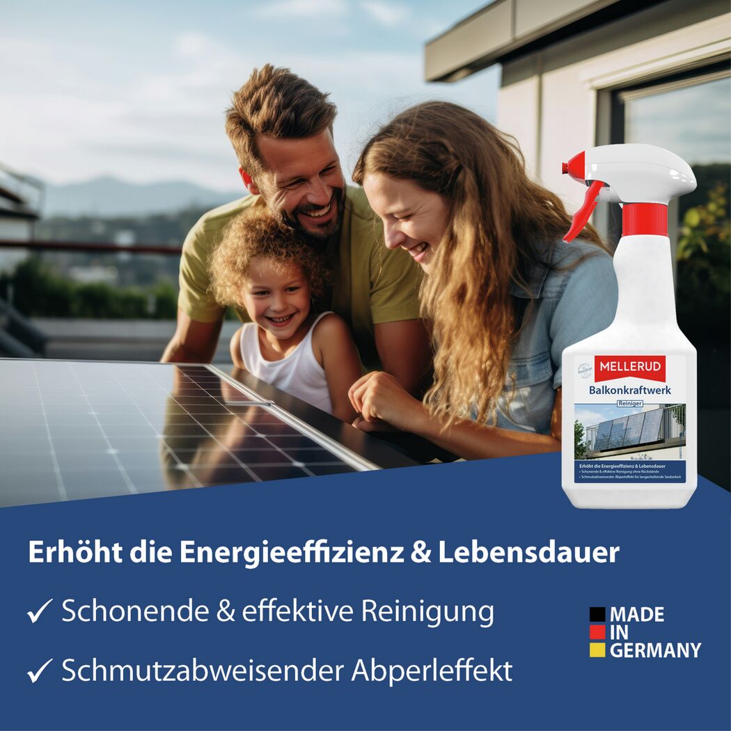 Mellerud Balkonkraftwerkreiniger mit Familie am Solarmodul