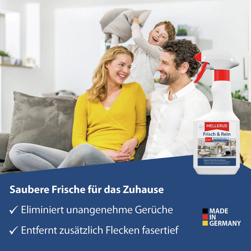 Mellerud Textilerfrischer Frisch & Rein mit Familie auf dem Sofa.