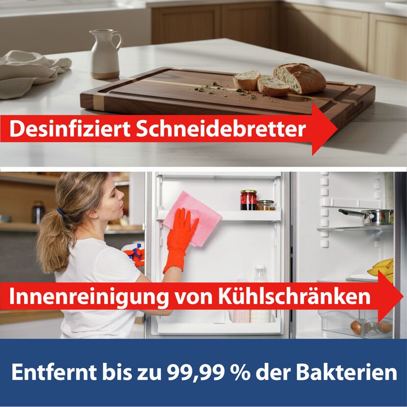 Reinigung eines Kühlschranks und Desinfektion eines Schneidebretts.