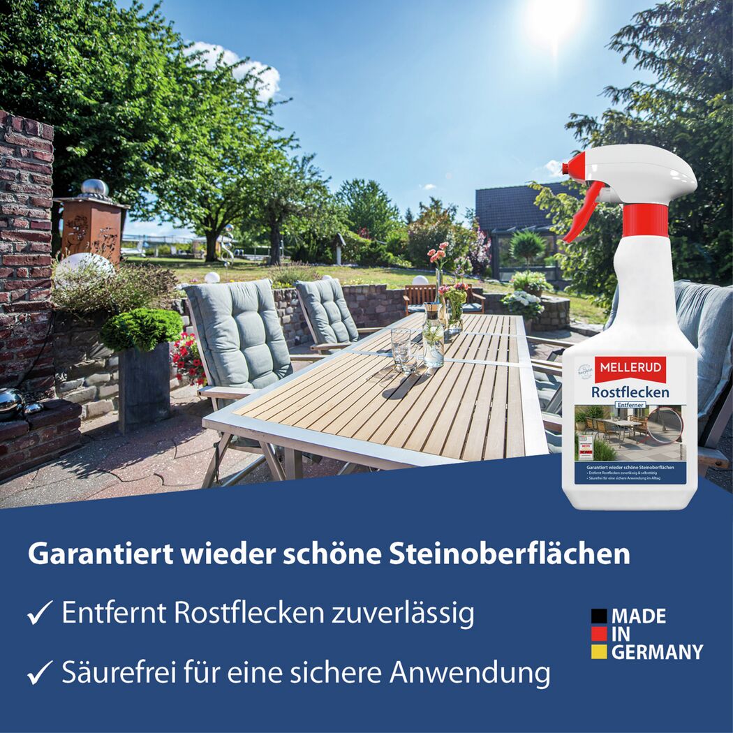 Rostfleckenentferner Sprühflasche auf einer sonnigen Terrasse.