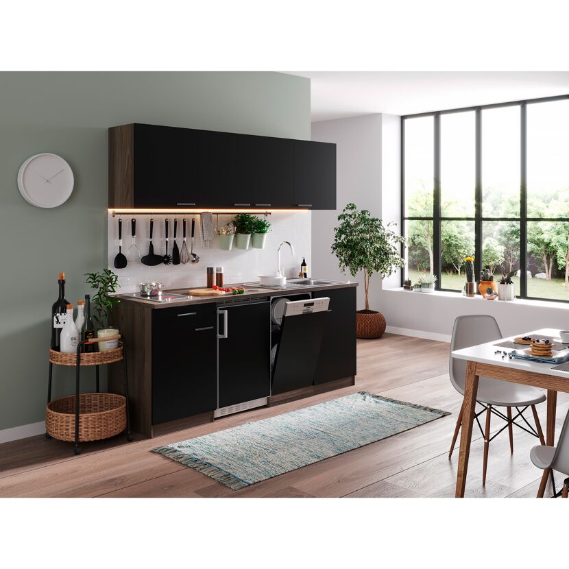 Singleküche mit E-Geräten 'Oliver' schwarz/eichefarben 195 cm