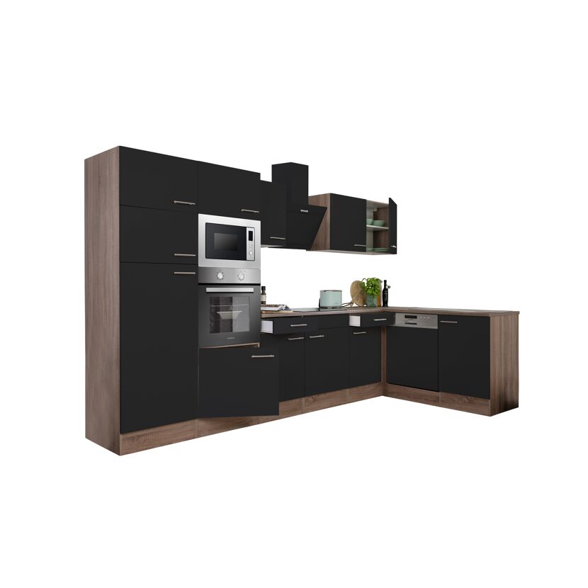 Winkelküche mit E-Geräten 'Oliver' schwarz/eichefarben 340 cm