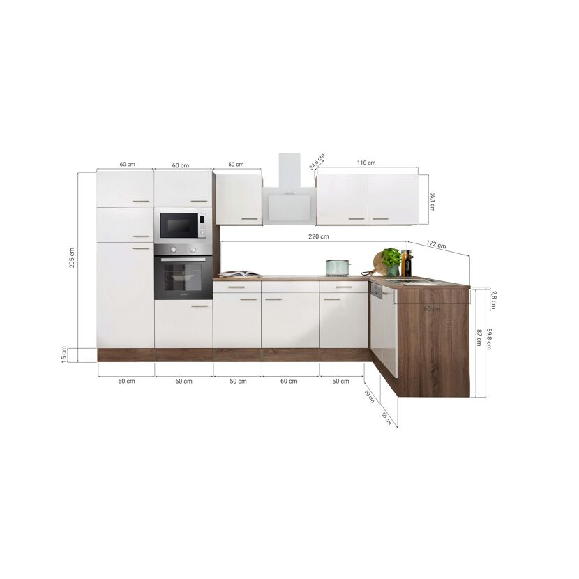 Winkelküche mit E-Geräten 'Oliver' schwarz/eichefarben 340 cm