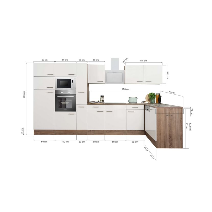 Winkelküche 'Oliver' weiß/eichefarben 370 cm