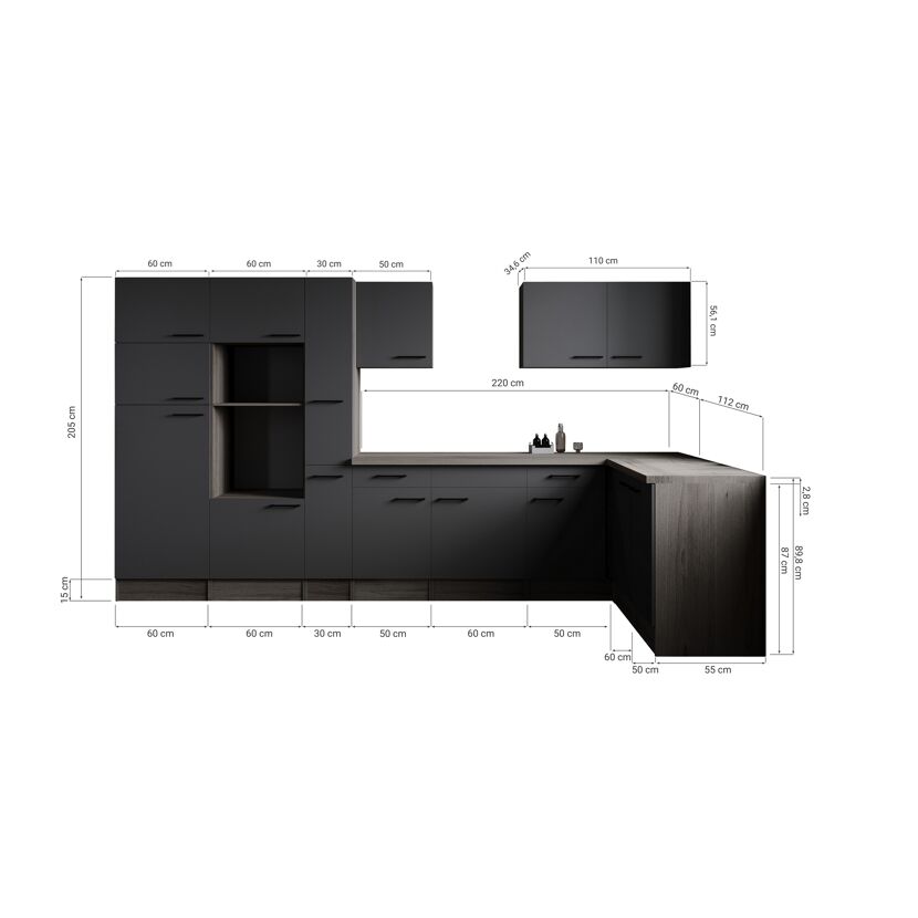 Winkelküche 'Oliver' grau/eichefarben 370 cm