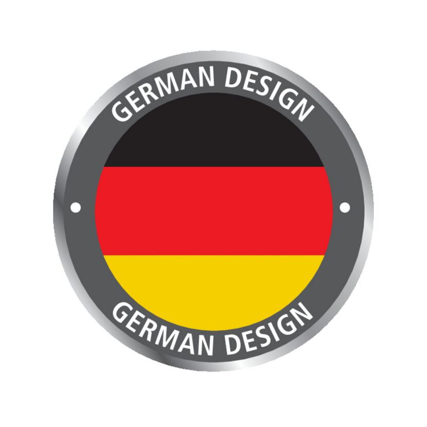 Rundes Siegel mit deutscher Flagge und German Design Schriftzug.