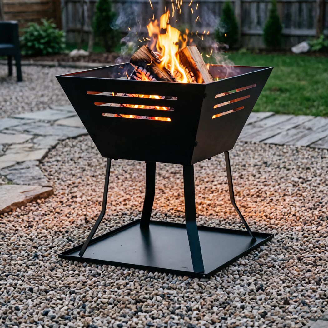 Feuerkorb mit loderndem Feuer und Holzscheiten im Garten.