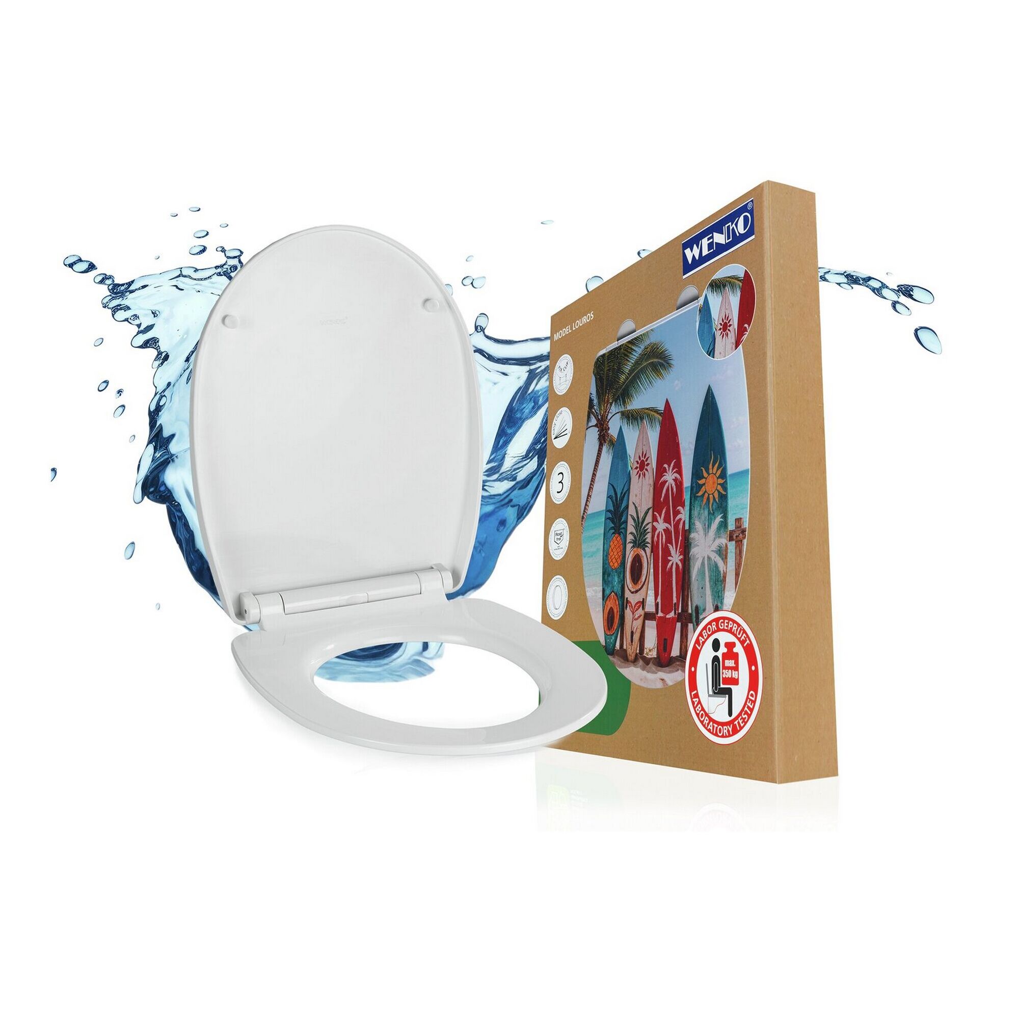 Weißer WC-Sitz 'Louros' und bunte Verpackung